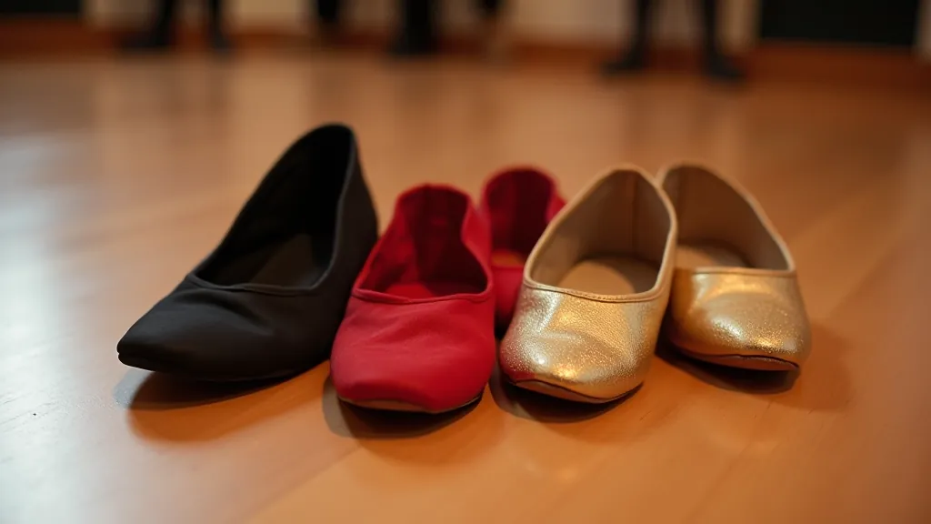 Close-up de sapatos de dança social em diferentes cores dispostos num chão de parquê