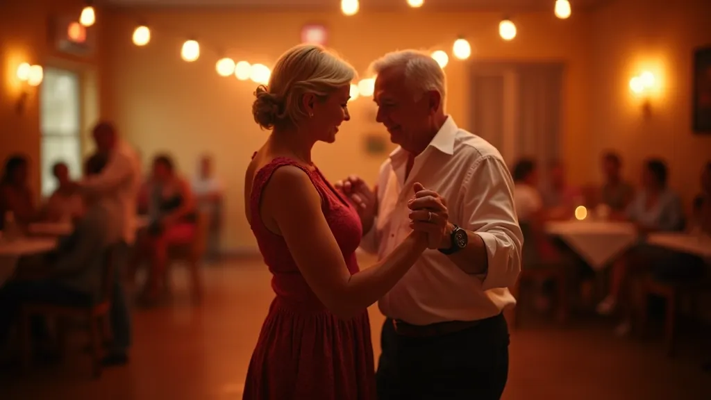 Casal de seniores a dançar bachata com sorrisos, mostrando graça e confiança num espaço de dança bem iluminado