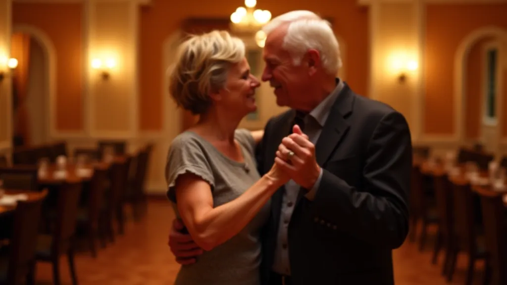 Casal de reformados a dançar bachata num salão elegante com iluminação ambiente