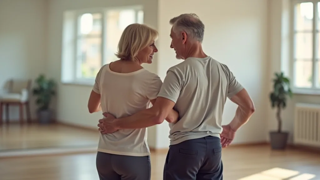 Casal de reformados praticando movimento de equilíbrio durante aula de dança com espelho