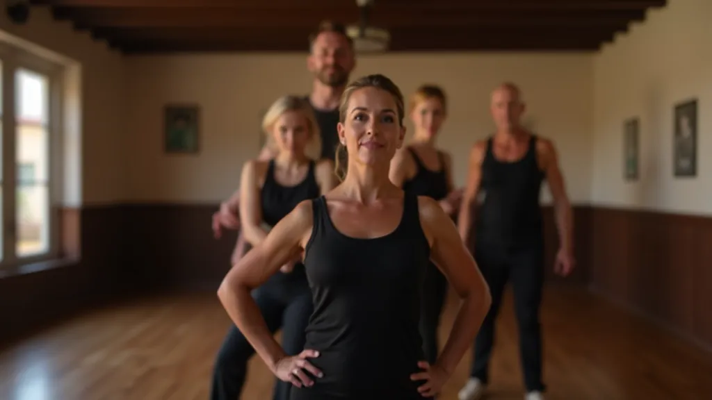 Grupo de instrutores de dança seniores posando numa sala de aula moderna com equipamento de som
