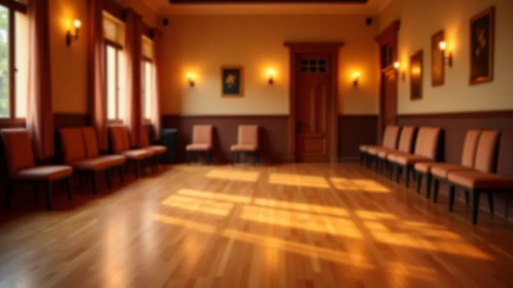 Interior de um salão de dança elegante com pista de dança brilhante, mesas laterais, e pessoas a dançar salsa num ambiente acolhedor