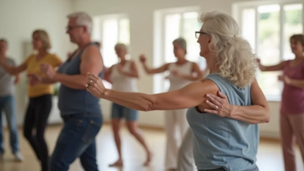Grupo de seniores a aprender passos básicos de dança numa sala luminosa com espelhos