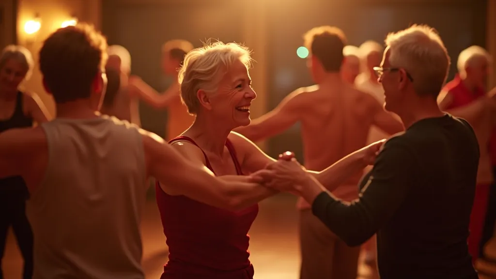 Grupo de pessoas seniores a dançar juntas numa pista de dança, com sorrisos e movimento, luz quente de fim de tarde