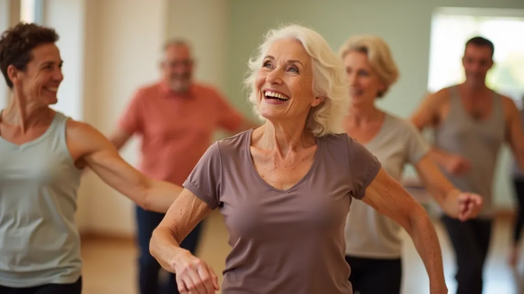 Grupo de seniores a dançar numa sala brilhante com espelhos, sorridentes e energéticos