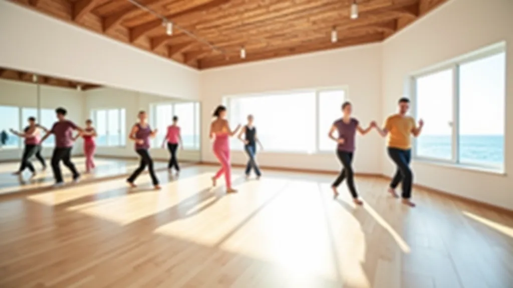 Estúdio de dança moderno no Algarve com luz natural, espelhos e piso de madeira, preparado para uma aula de grupo
