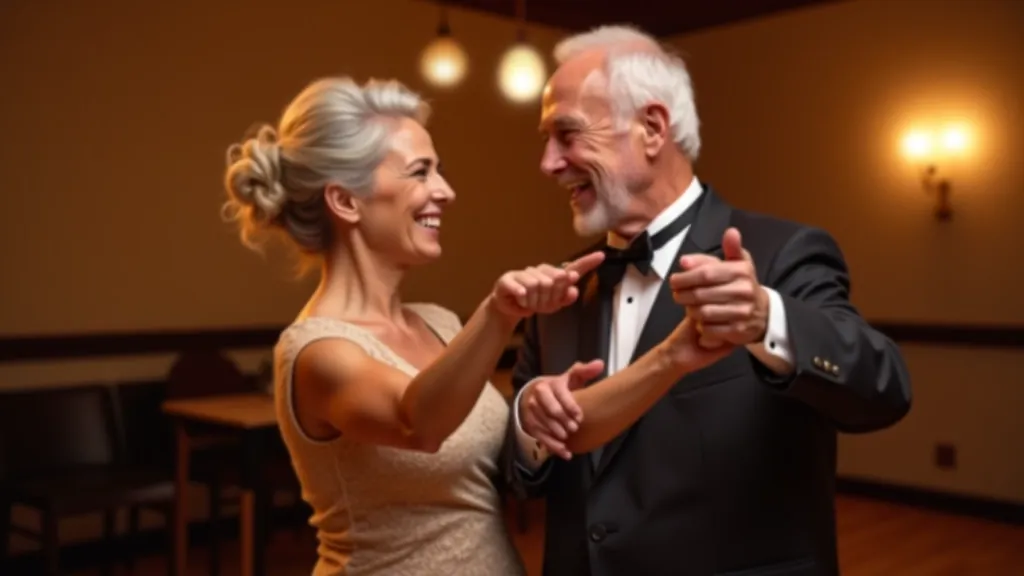 Casal de reformados a dançar numa sala elegante com música ao vivo